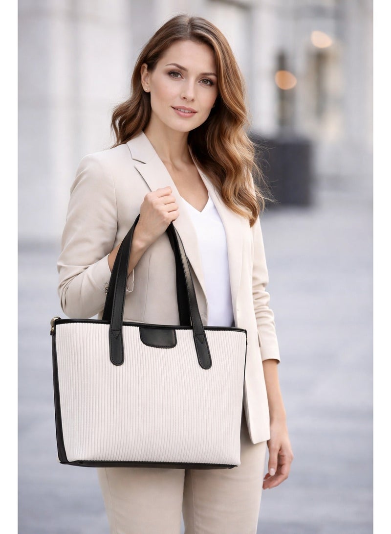 Premium Ribbed Textured Tote Bag for Women - Two-Tone Elegant Handbag with Detachable Shoulder Strap - Beige & Brown - Image 2